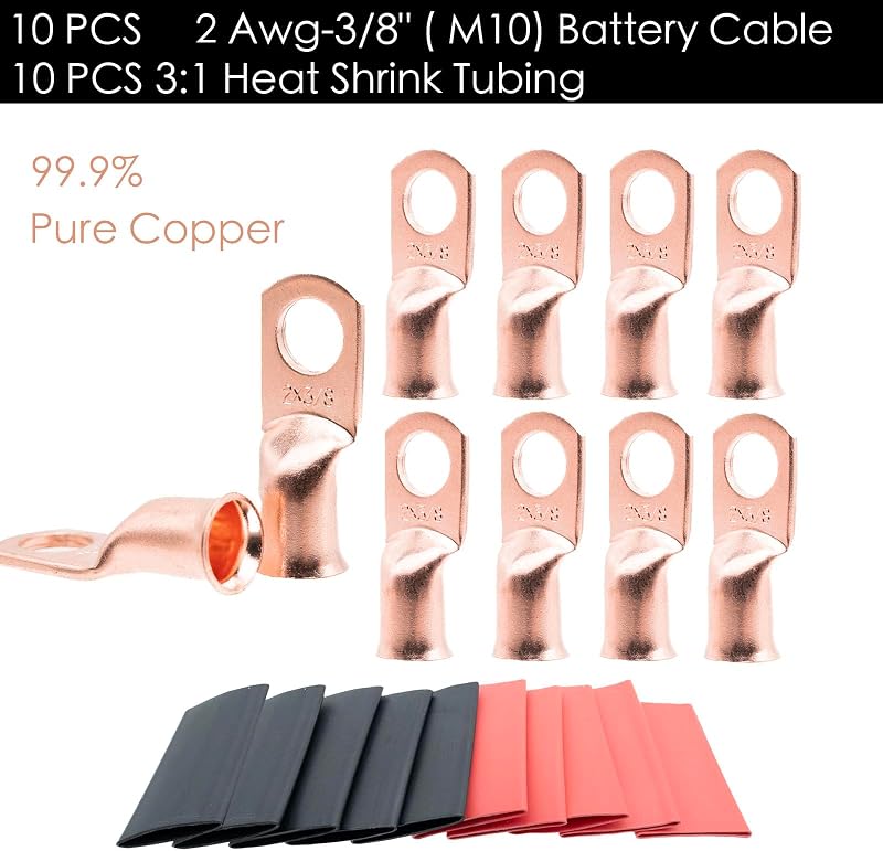 10 Terminales Cable 2 AWG-3/8 con Tubos Termorretráctiles