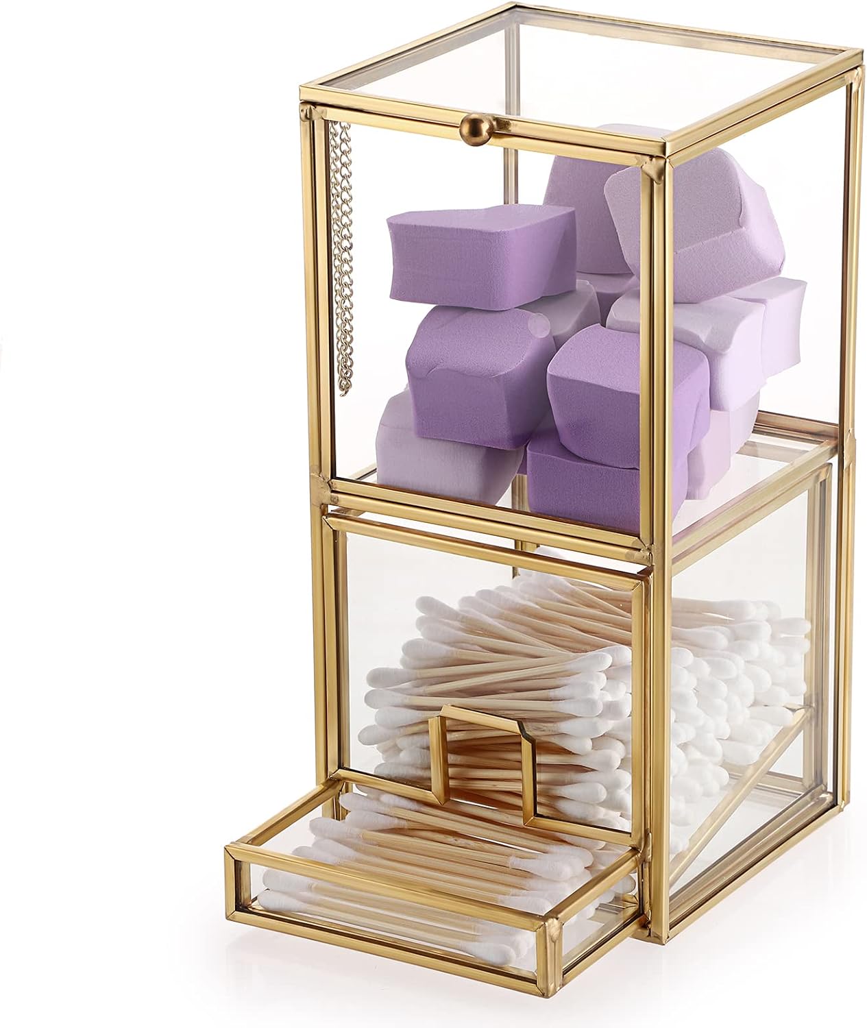 Soporte Qtip vidrio dorado con tapa 2 compartimentos