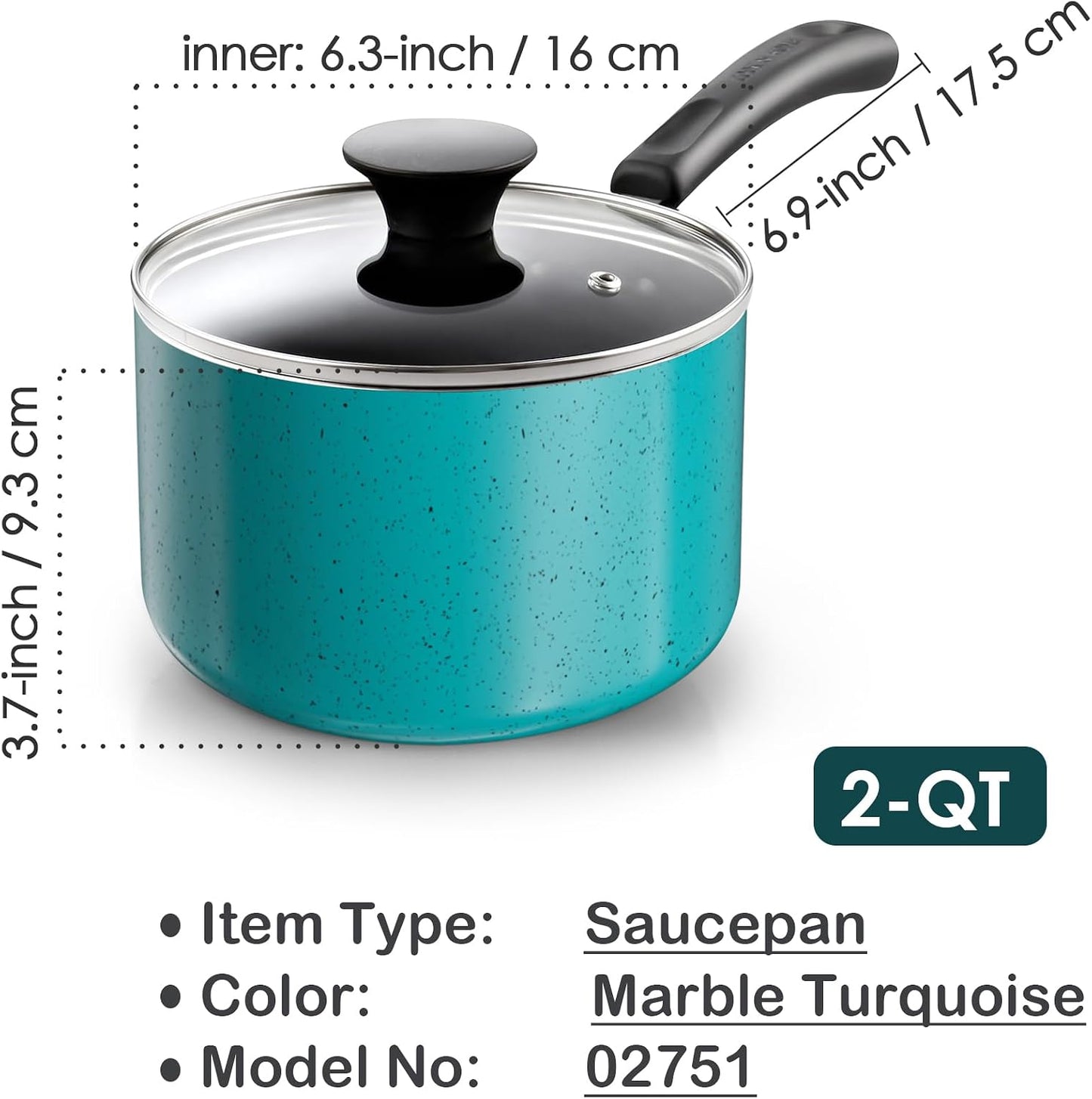 Sartén antiadherente 2qt con tapa vidrio aluminio