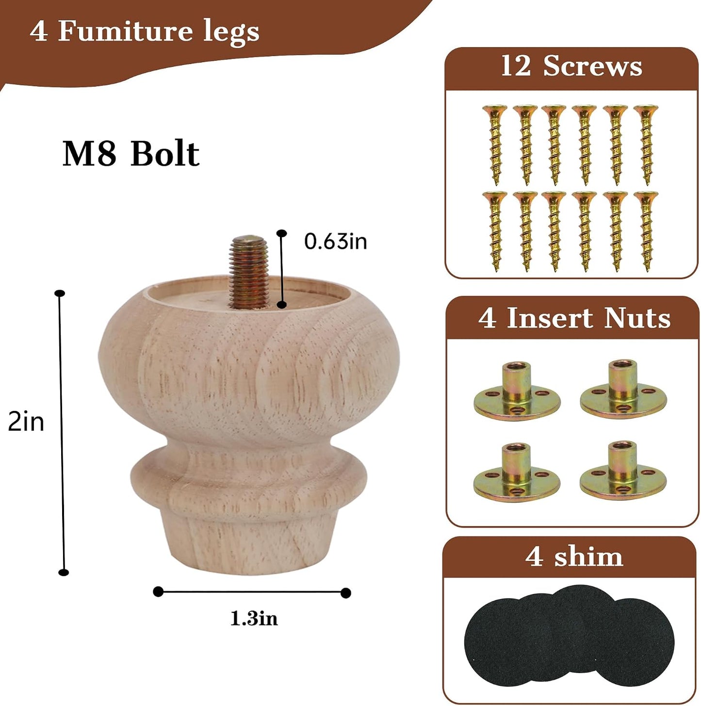 Pies moño madera 2pulg para muebles set 4