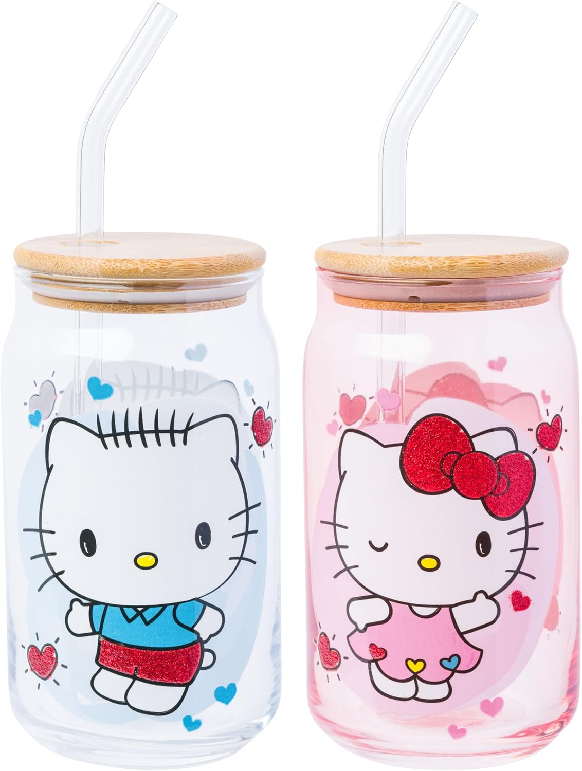 2 Vases Vidrio Hello Kitty Purpurina Tapa Bambú Popote 16oz