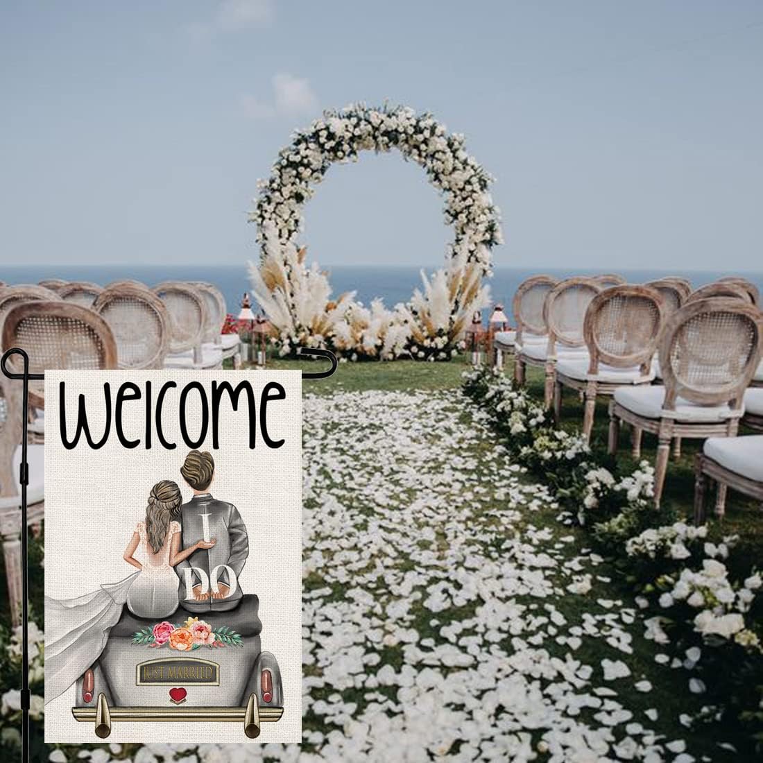Bandera bienvenida boda 12x18pulg vertical doble cara
