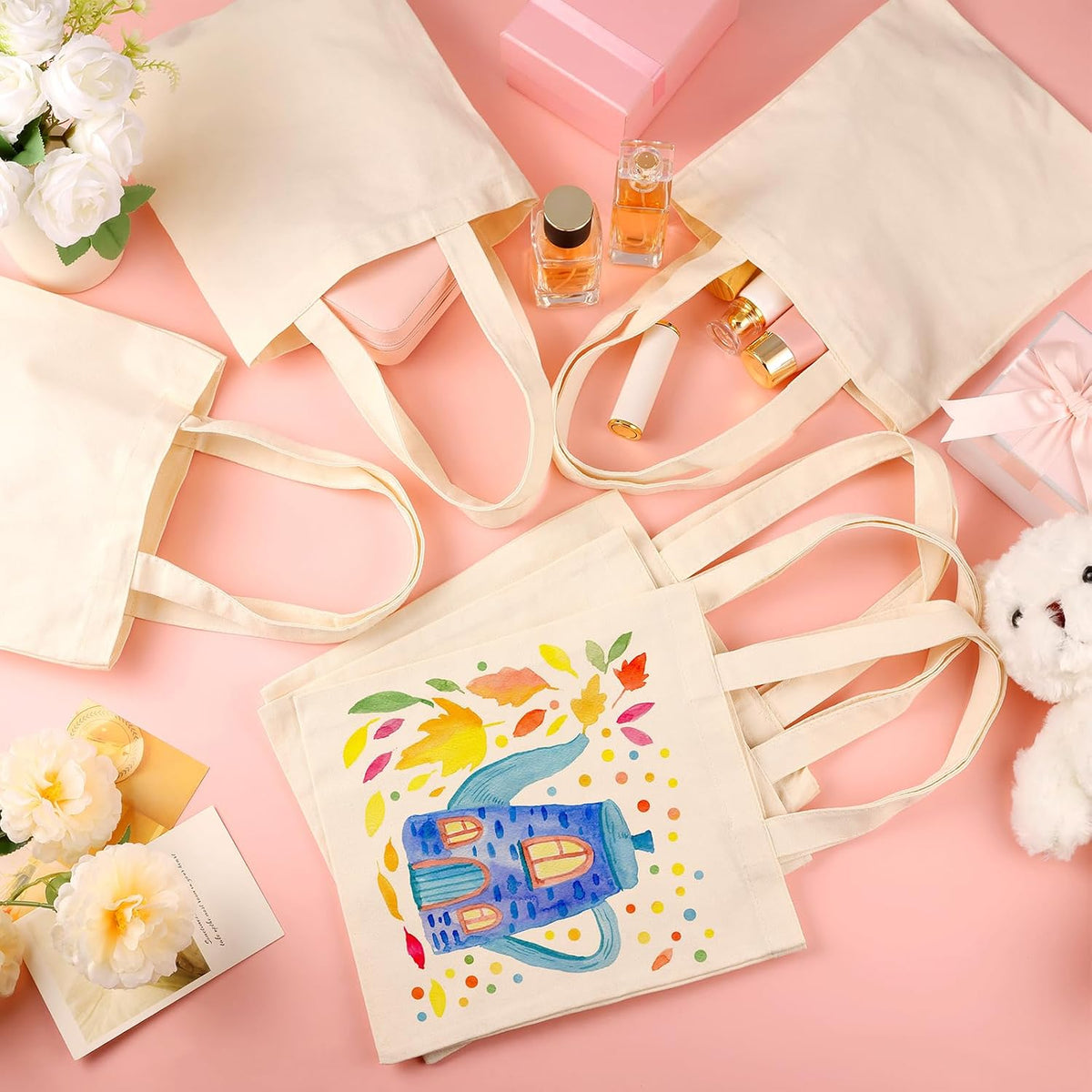 24 Pzas Bolsas Lona Reutilizables Blanco con Asas