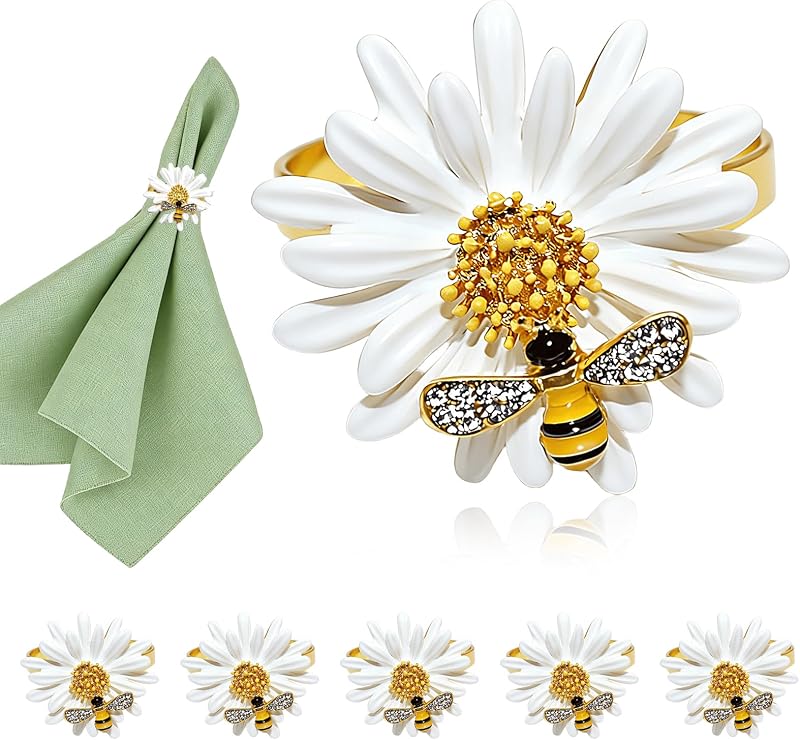 6 Servilleteros Margaritas Girasoles Flor Abeja Blanca Rústica