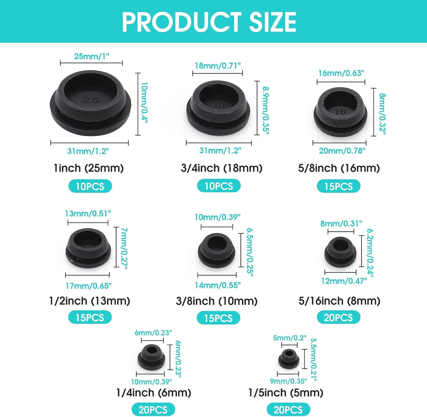 125 Tapones Goma Negros 1pulg 3/4 5/8 1/2 3/8