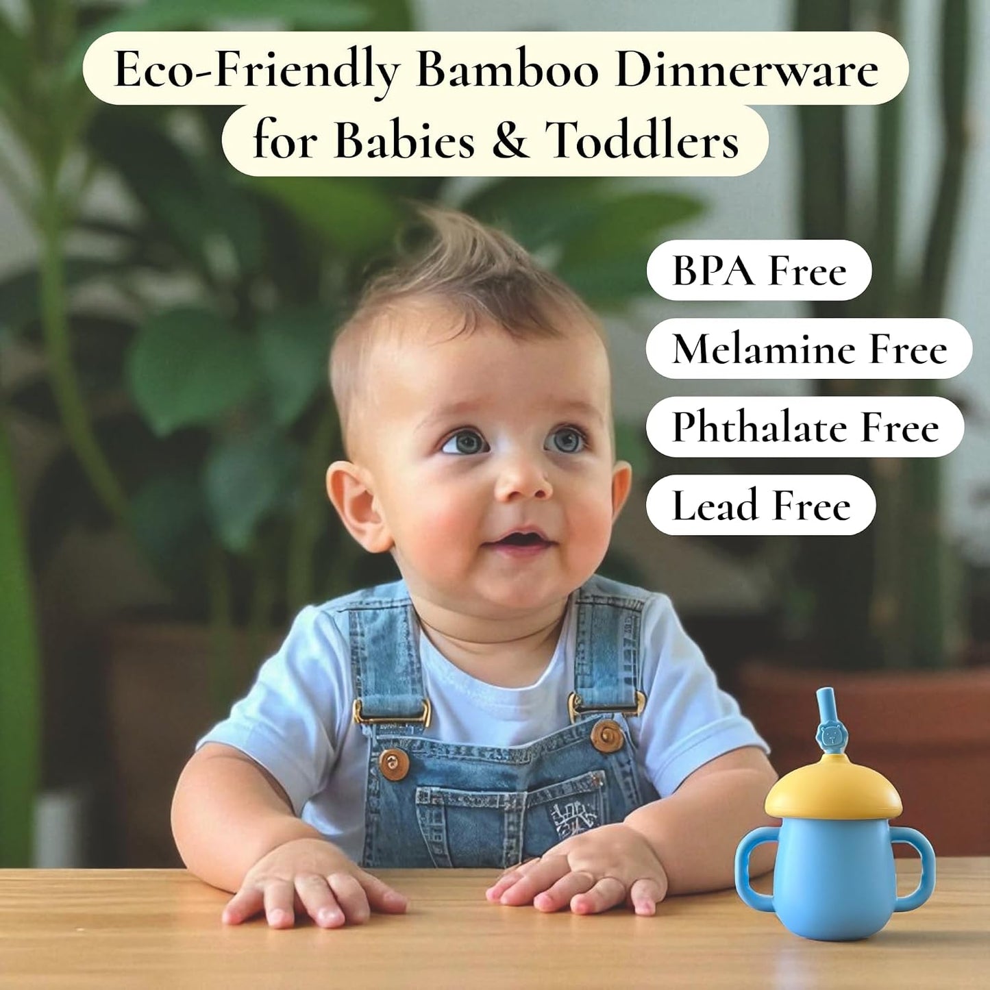 Set platos cuencos bambú para bebés 7 artículos sin BPA azul