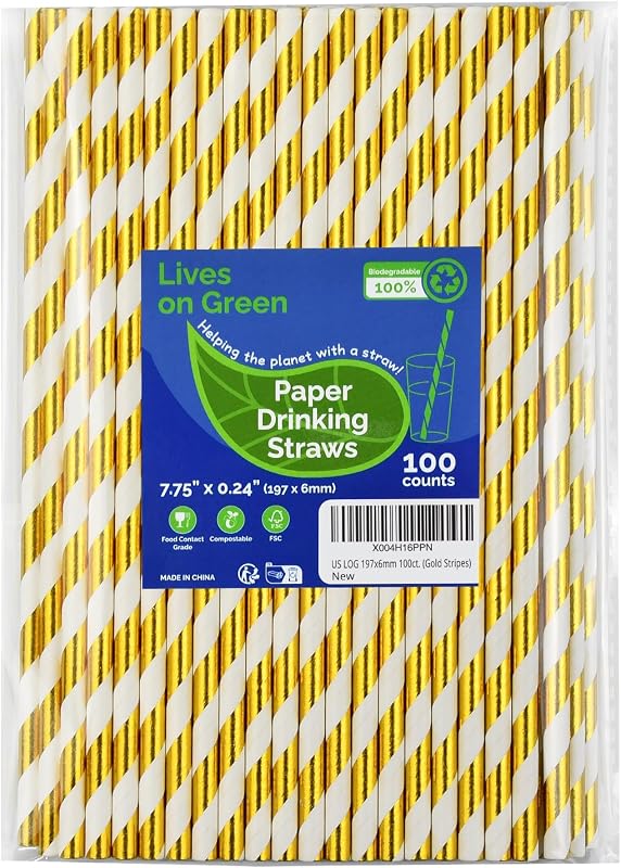 Pajitas rayas doradas y blancas 7.75pulg 100uds