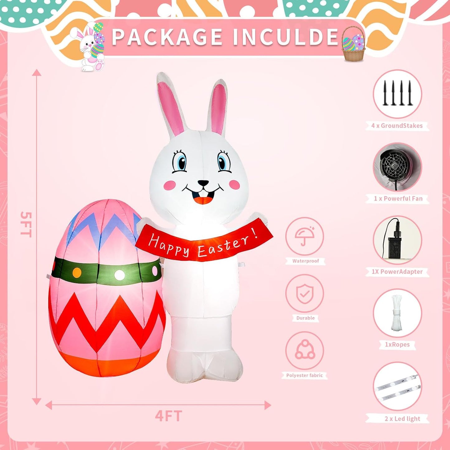 Inflable Pascua 5ft conejito con huevos LED para patio