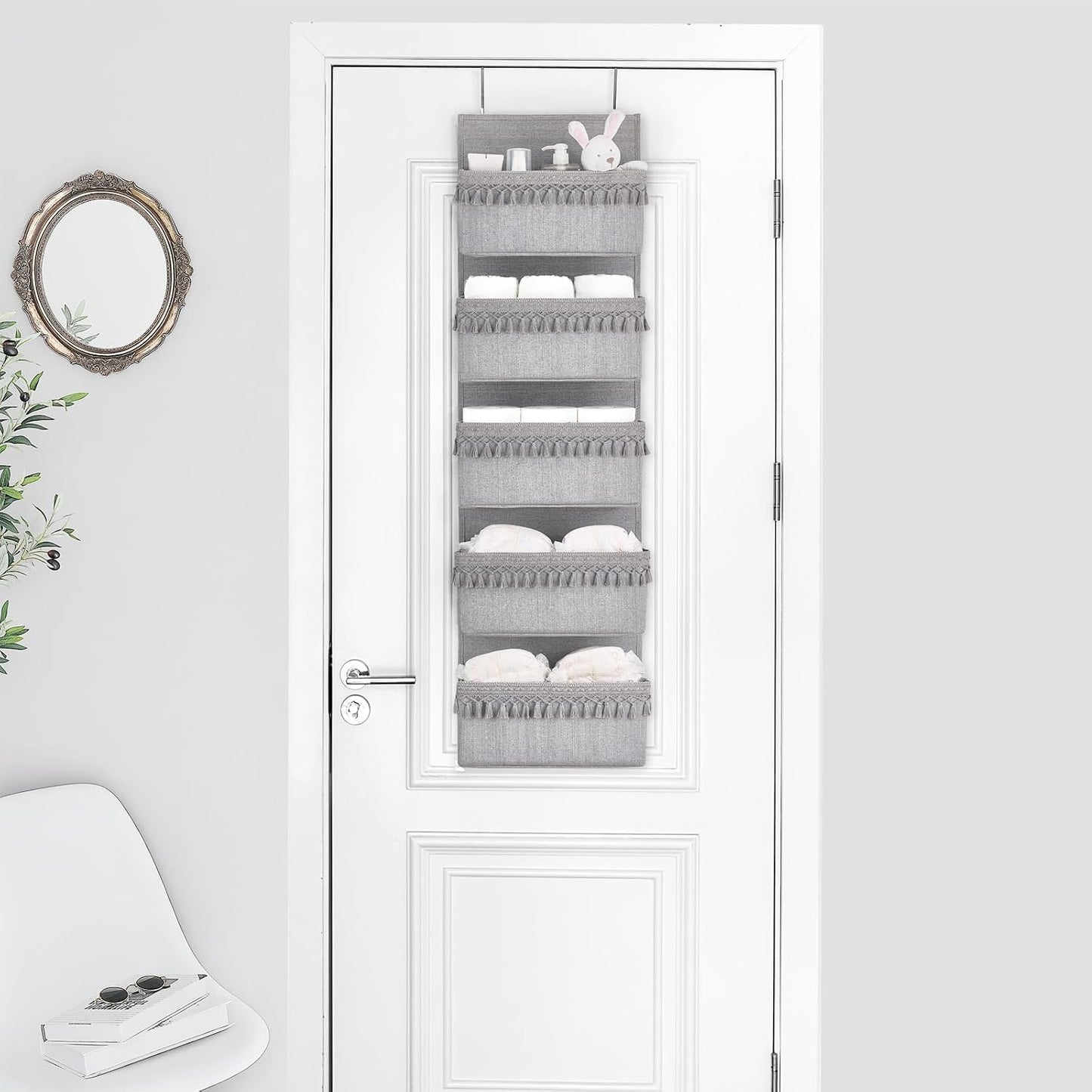 Organiz. bohemio para puerta con borlas 5 bolsillos gris