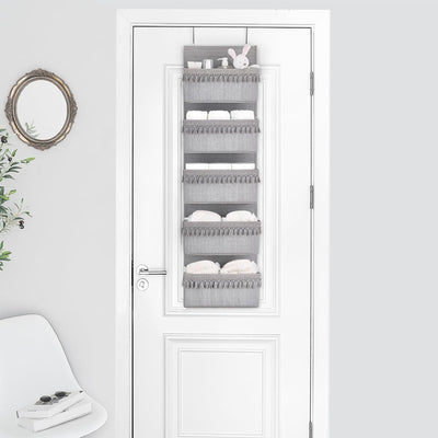 Organiz. bohemio para puerta con borlas 5 bolsillos gris