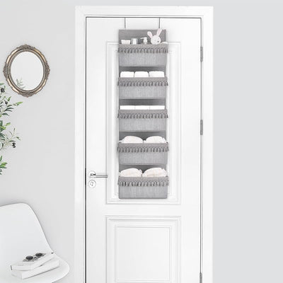 Organiz. bohemio para puerta con borlas 5 bolsillos gris