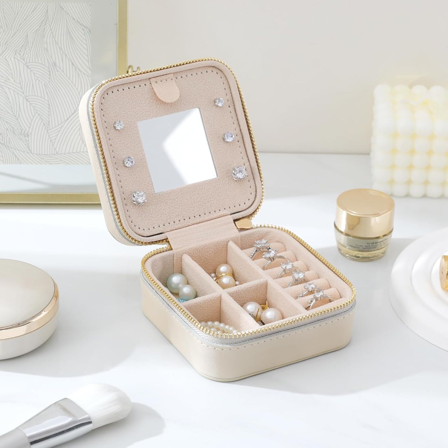 Estuche joyería cuero genuino con espejo para mujer beige