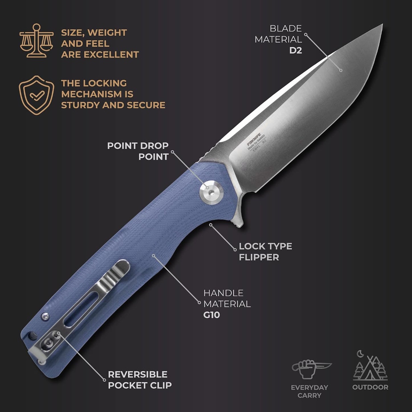 Cuchillo plegable D2 acero mango G10 camping pesca caza