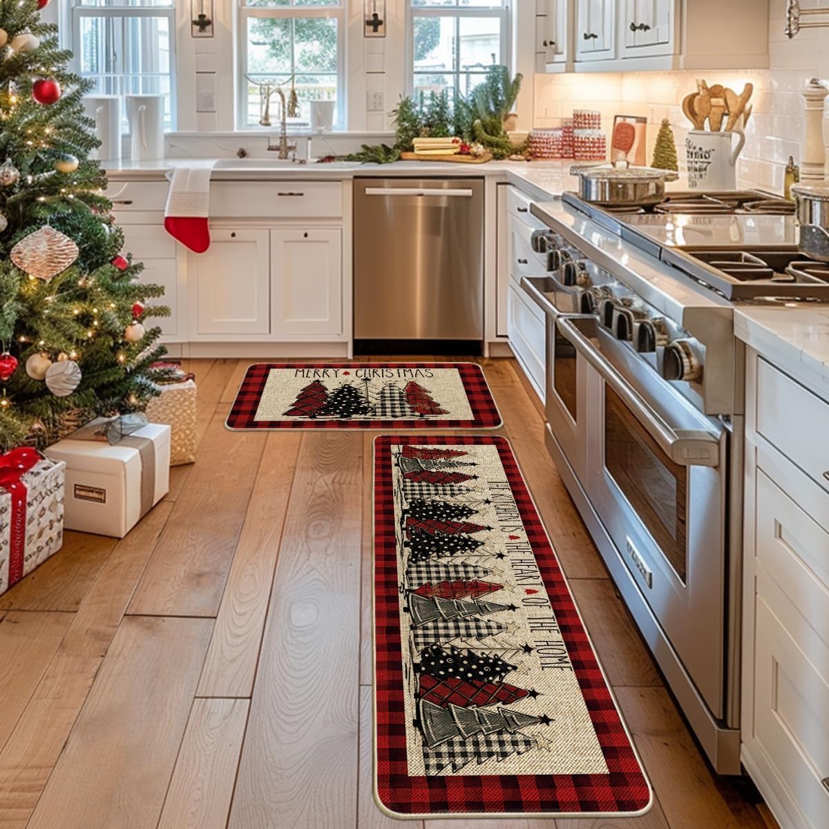 Alfombras cocina navidad diseño árbol cuadros búfalo rojo set 2