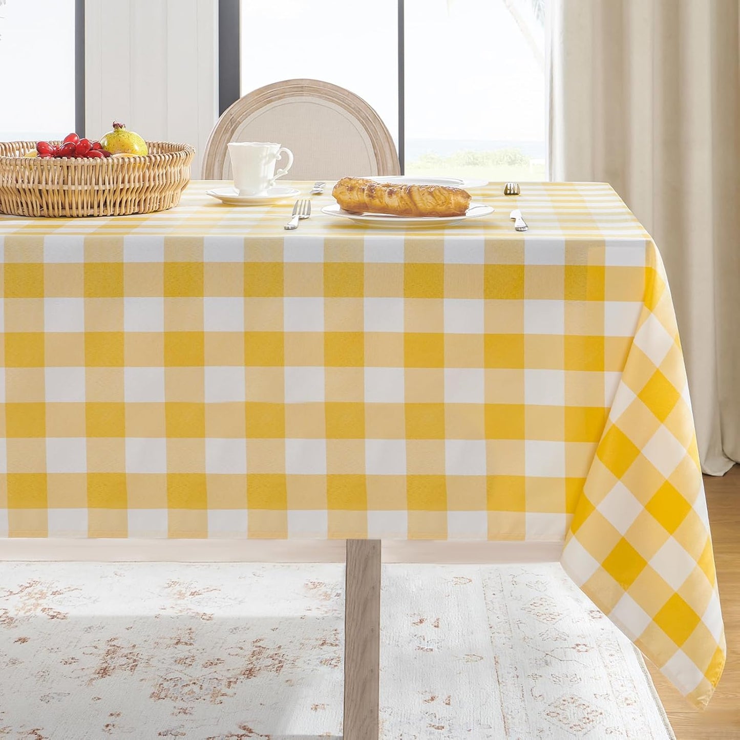 Mantel Gingham impermeable picnic camping Amarillo Blanco