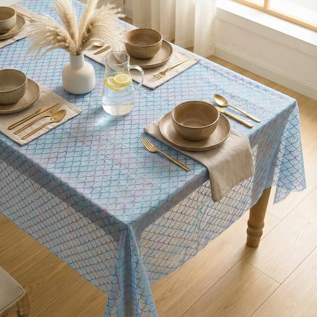 Mantel Gasa Sirena Azul 60x84pulg Rectangular Metálico Purpurina