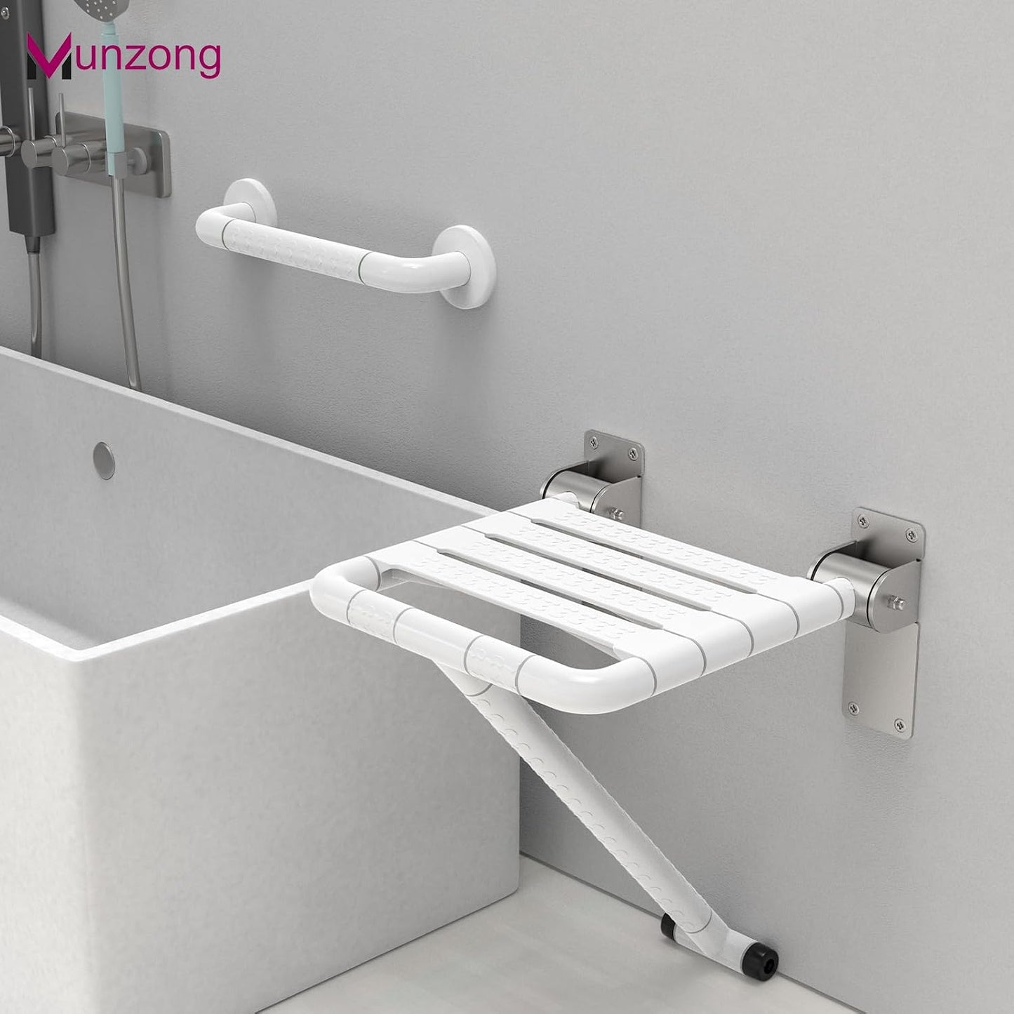 Asiento ducha plegable pared barra apoyo blanco