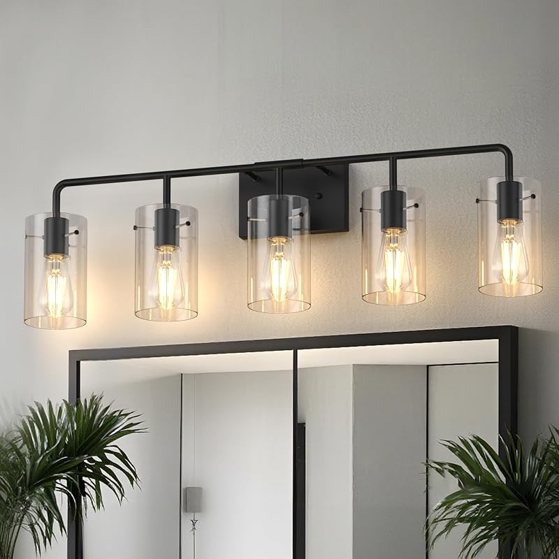 Lámpara baño 5 luces 33.85" negro vidrio recto moderna E26