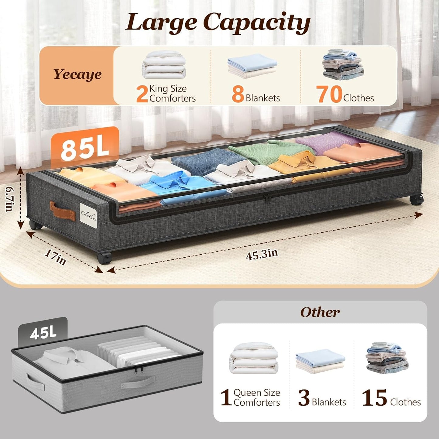 2 Cajas Almacenamiento Bajo Cama con Ruedas 85L