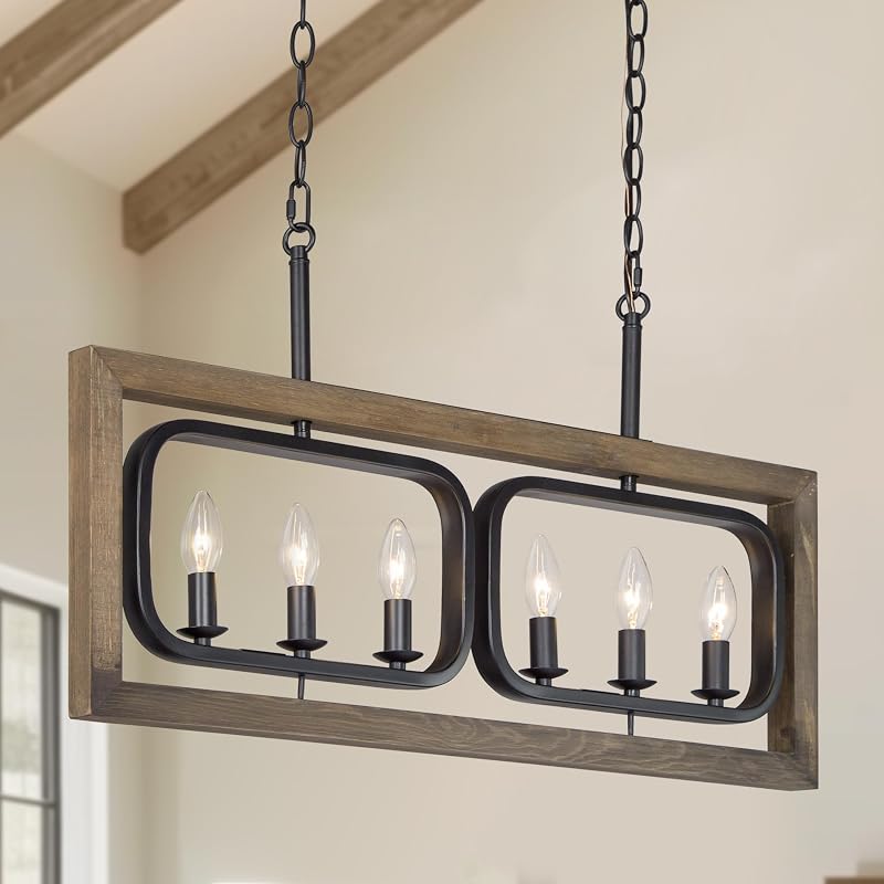 Lámpara araña de madera 31pulg 6 luces isla cocina marco