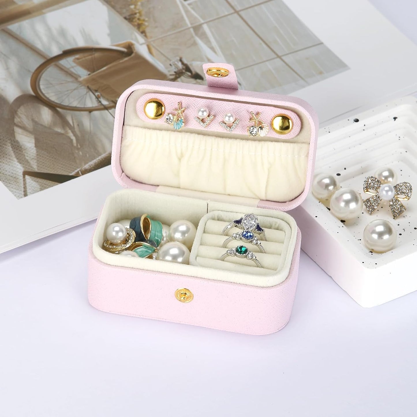 Joyero viaje mini con ranura anillo extraíble rosa