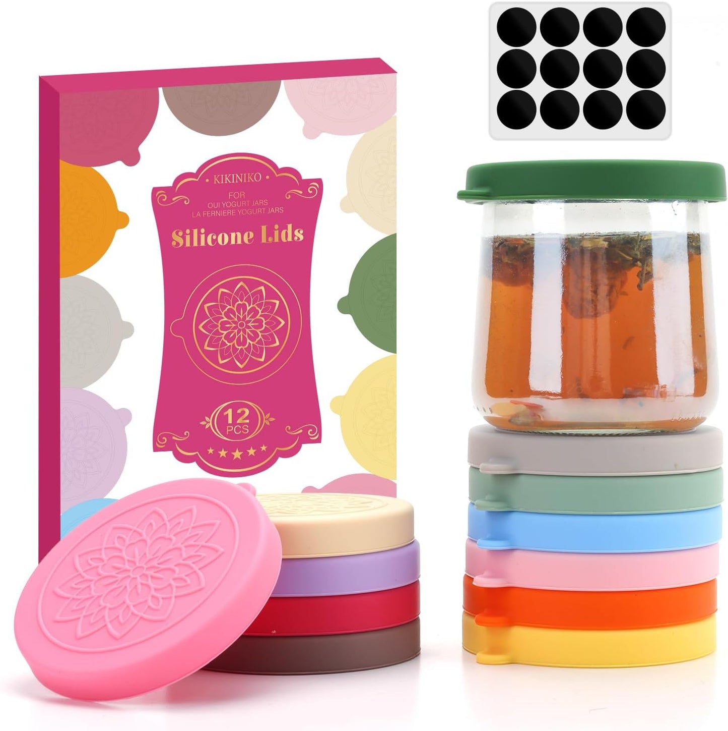 12 Tapas Silicona para Tarros Yogur Oui 5oz con Etiqueta