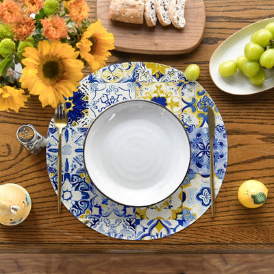 Manteles individuales redondos de porcelana azul limón y blanco 14" para fiestas