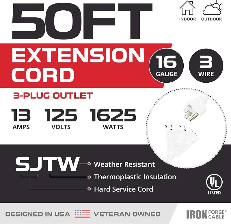 Cable extensión 50ft 16/3 SJTW 3 tomas 13A exterior con luz