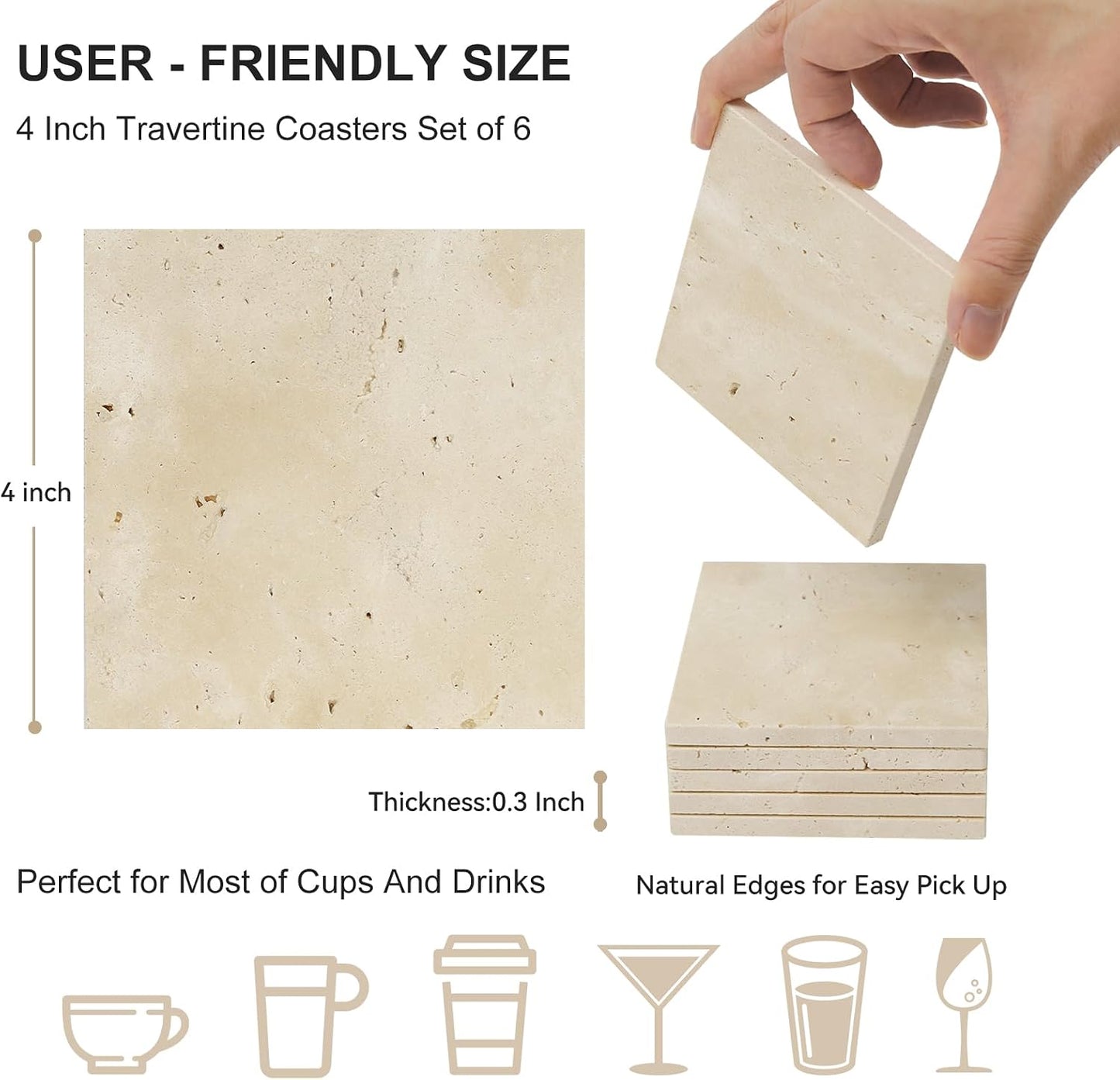 6 Pzas Posavasos Travertino Beige con Respaldo Terri