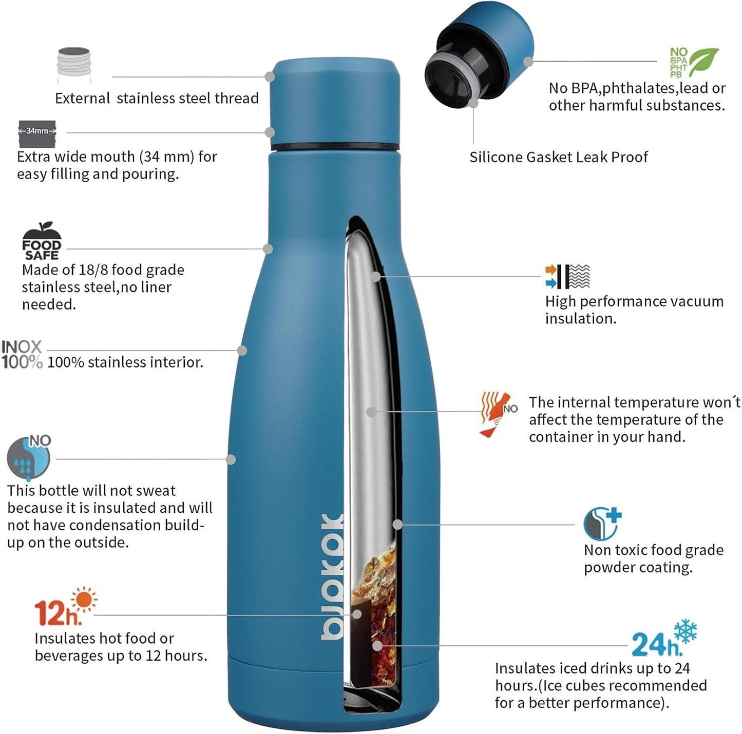 Botella agua acero inox 12oz doble pared vacío azul marino