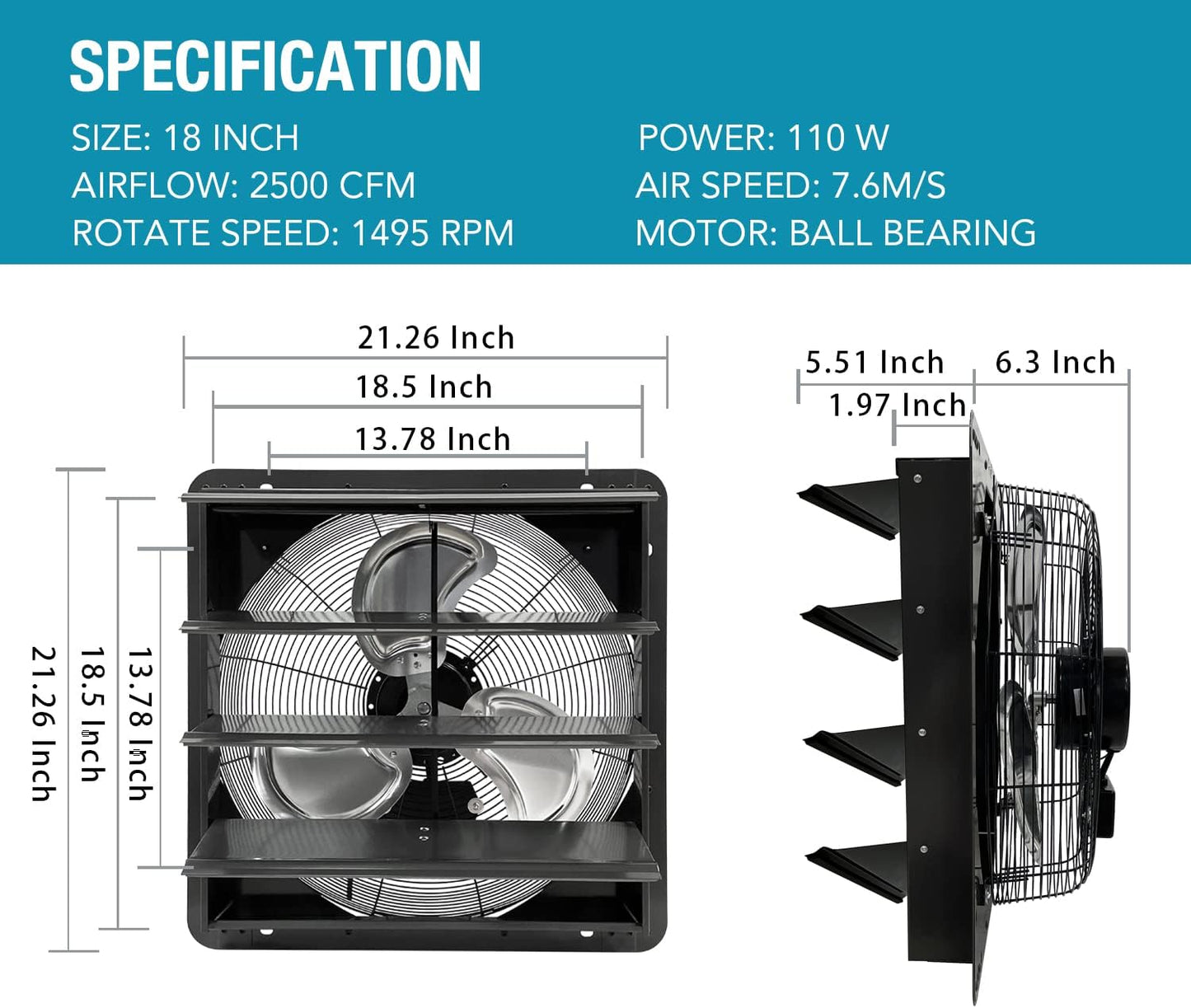 Ventilador pared aluminio 18pulg 2500CFM alta velocidad