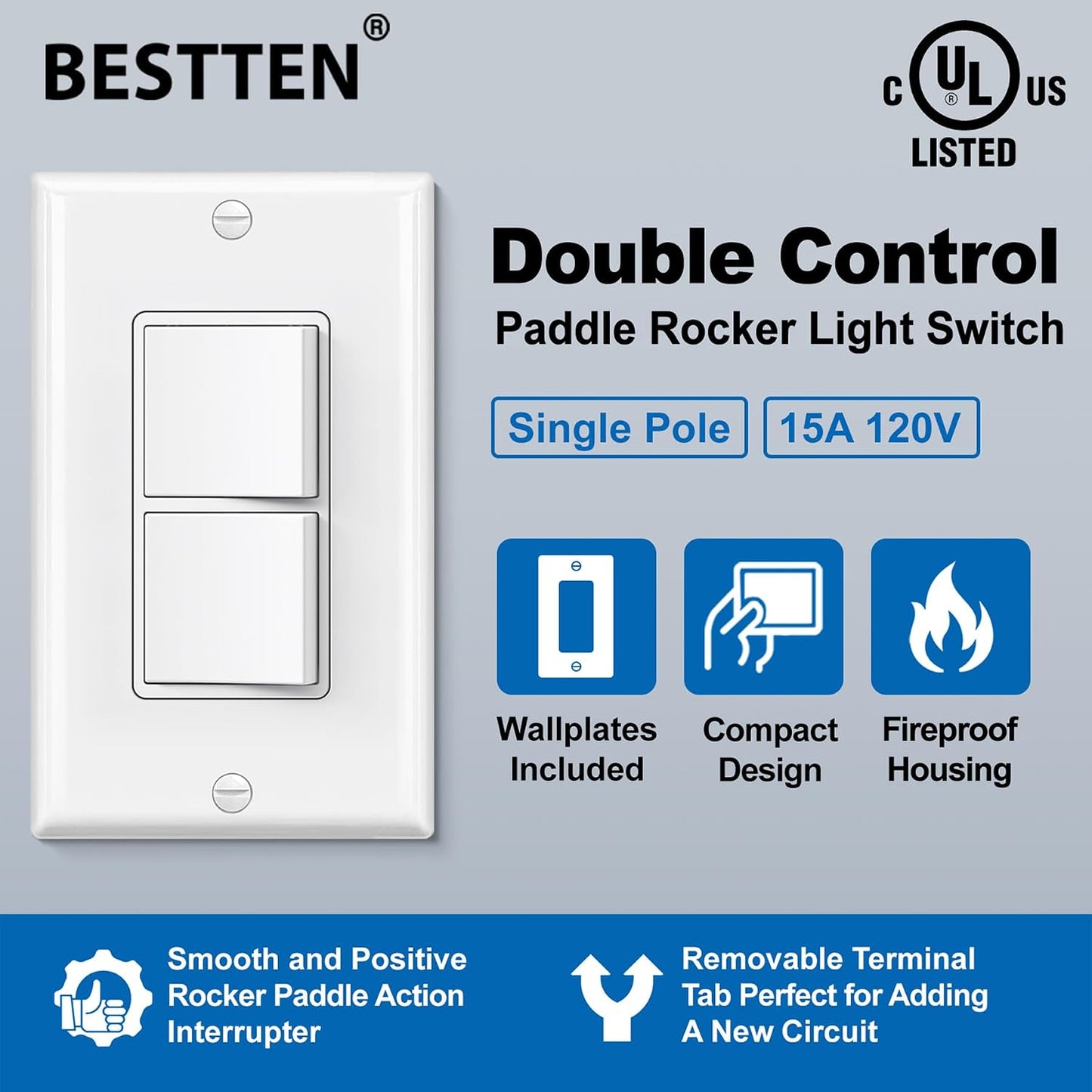 2 Pzas Interruptor Luz Basculante Doble 15A 120V