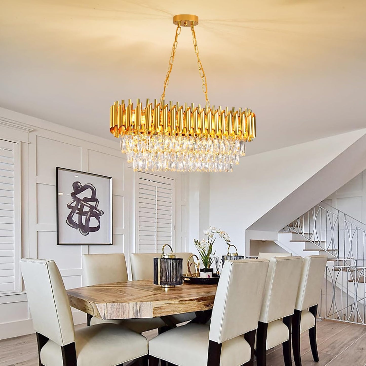 Lámpara colgante de cristal dorado 8 luces para comedor