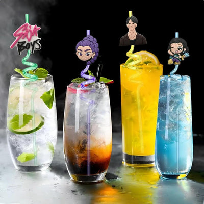 Kit fiesta cazadores demoníacos 24 pajitas espiral reutilizables con diseños animados y 25 tatuajes temporales para niñas