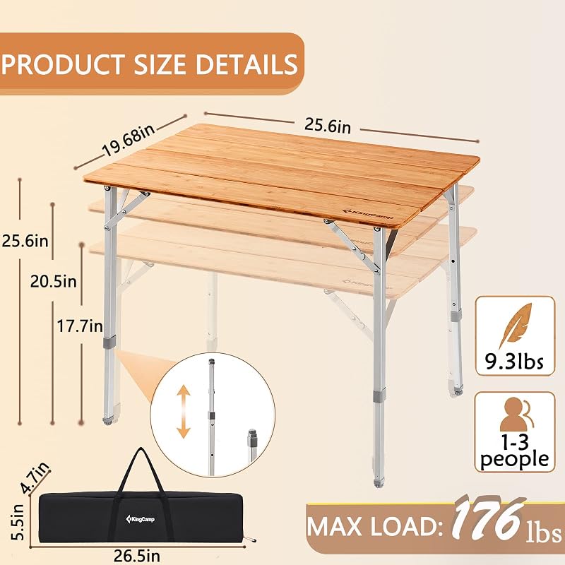 Mesa camping plegable bambú al aire libre ajustable