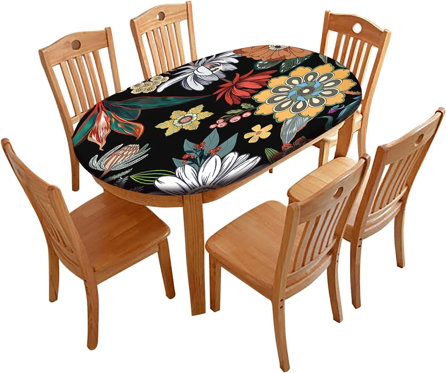 Mantel ovalado boho floral negro elástico para mesa comedor
