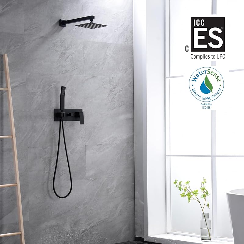 Sistema ducha lluvia negro con ducha mano y válvula presión