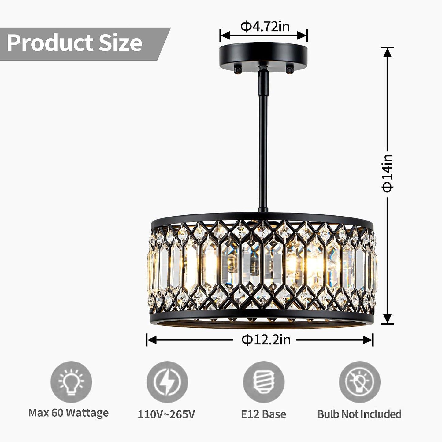 Lámpara techo moderna de cristal negra 3 luces 12.2pulg