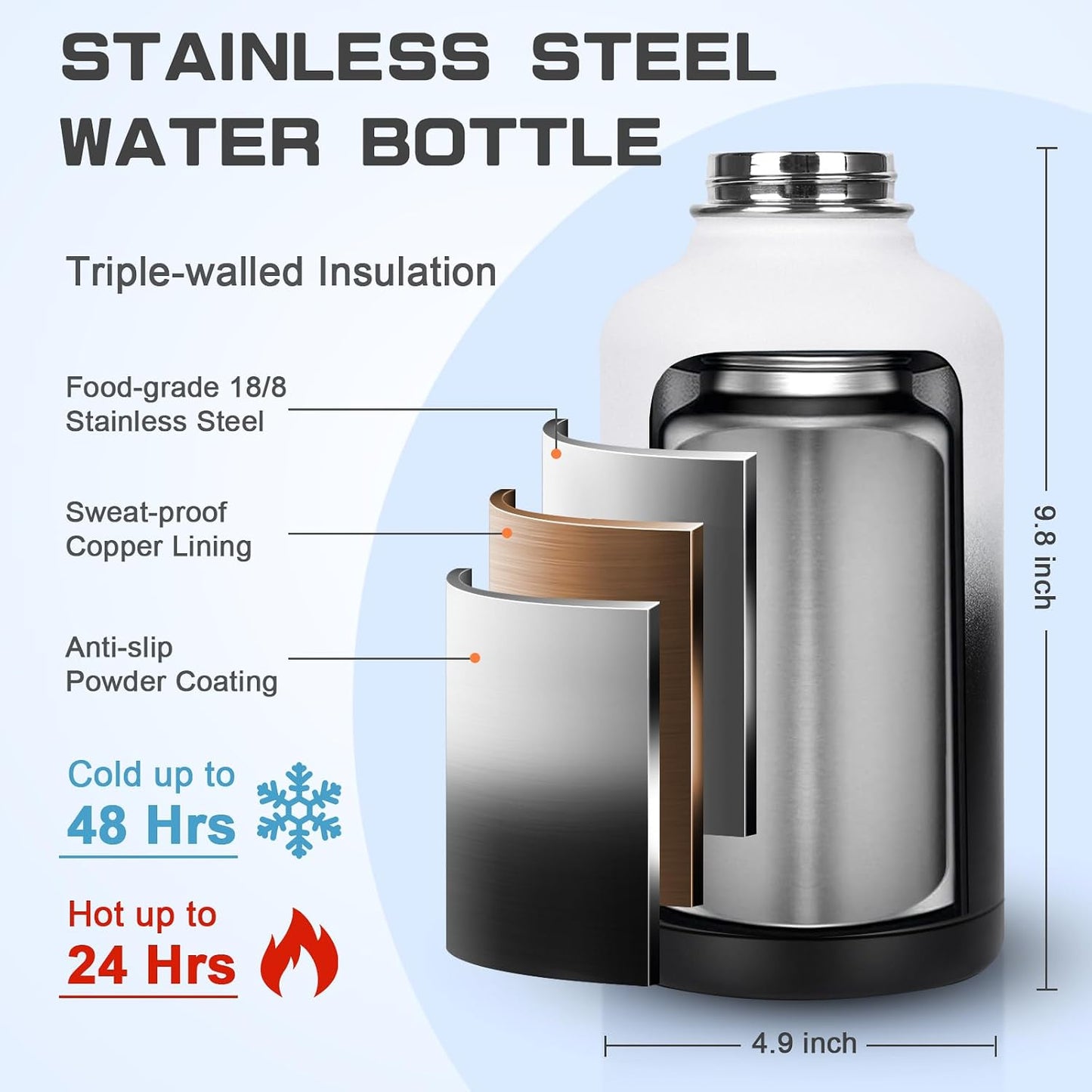 Botella agua aislada acero inox 64oz sin BPA con popote