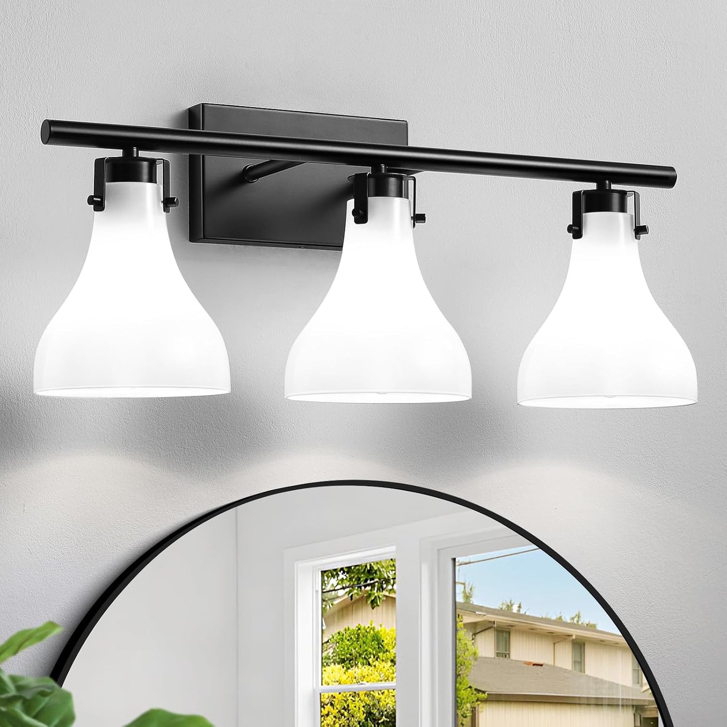 Lámpara baño negra vidrio lechoso 3 luces tocador