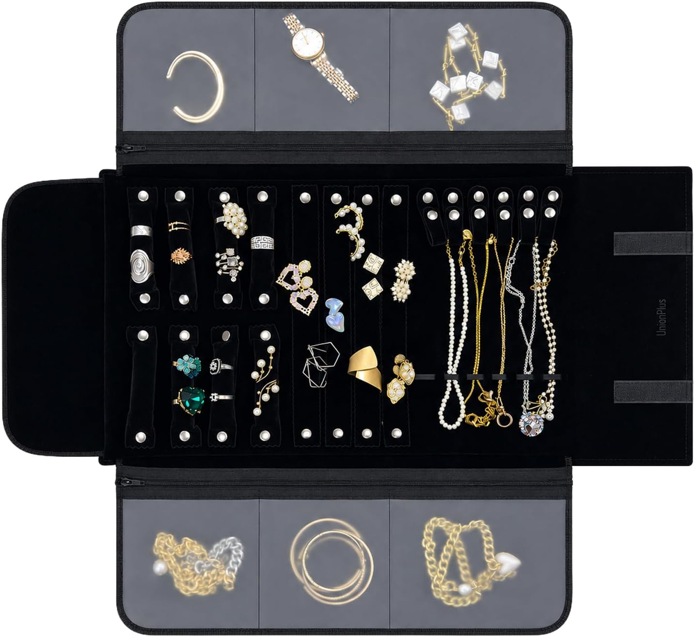 Estuche terciopelo joyas viaje 6 bolsillos PVC negro