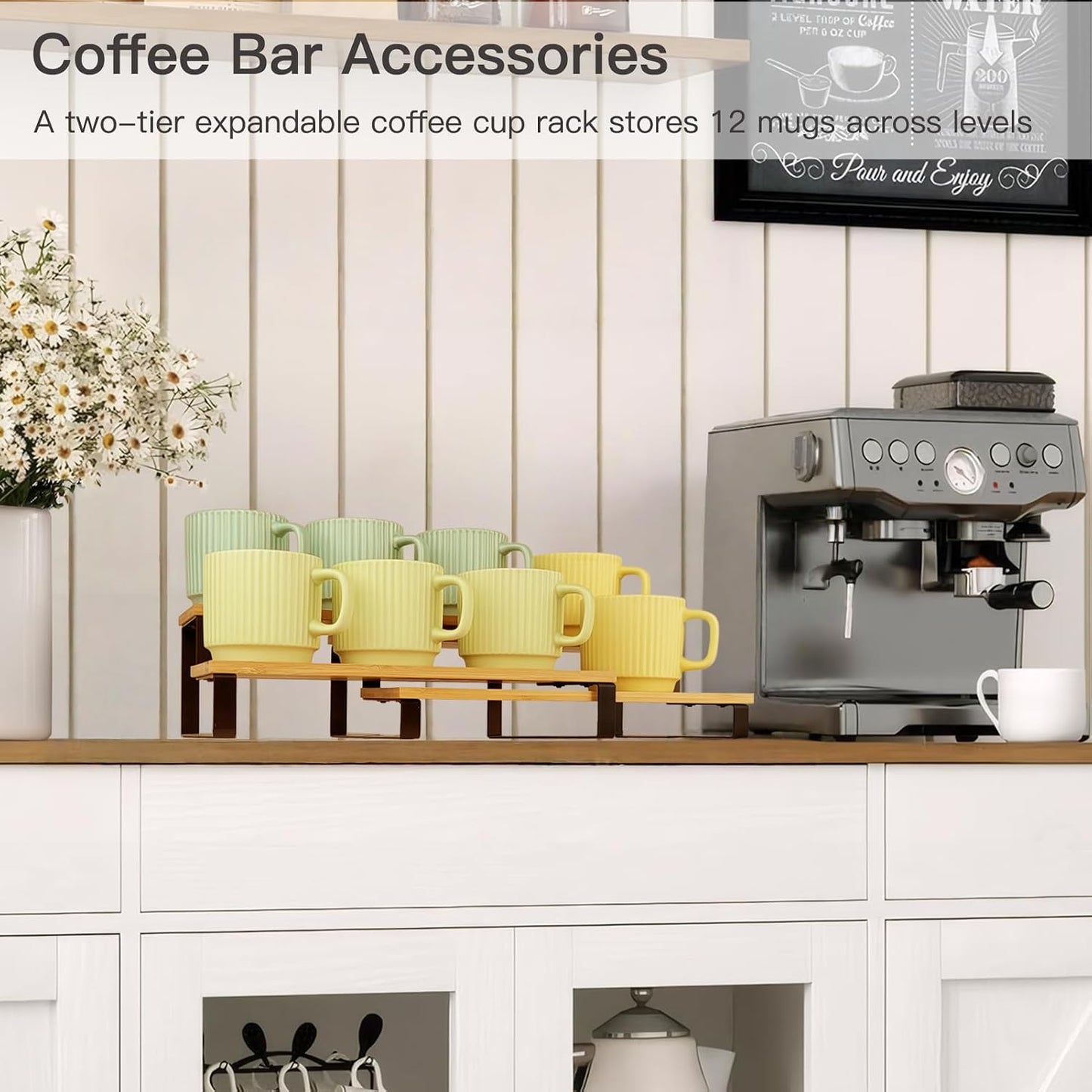 Soporte tazas metal negro bambú 2 niveles cocina