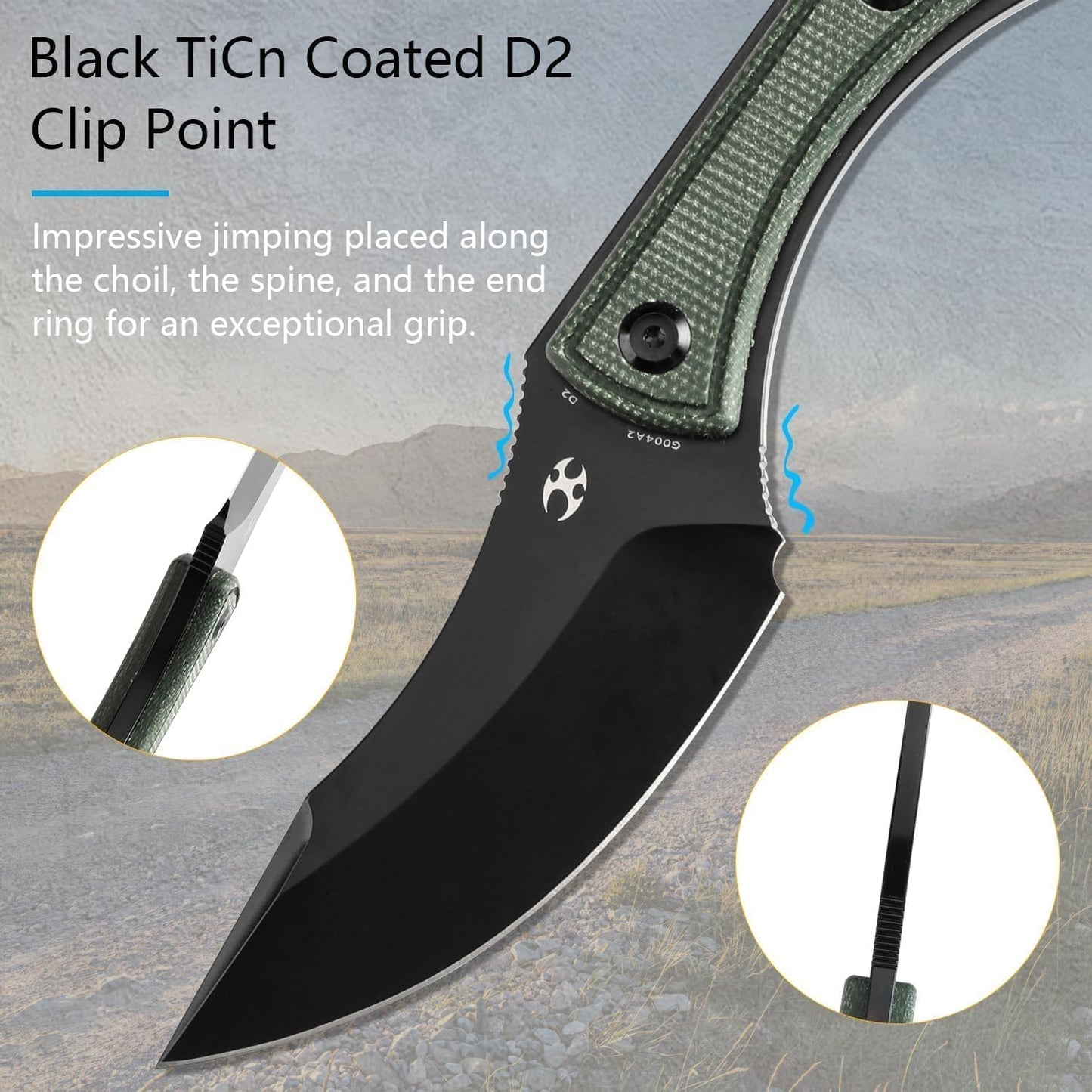 Cuchillo fijo D2 TICN 3.54pulg mango micarta verde funda