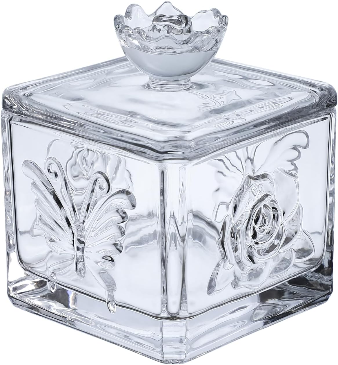Tarro cristal con vitrales de rosas y mariposas
