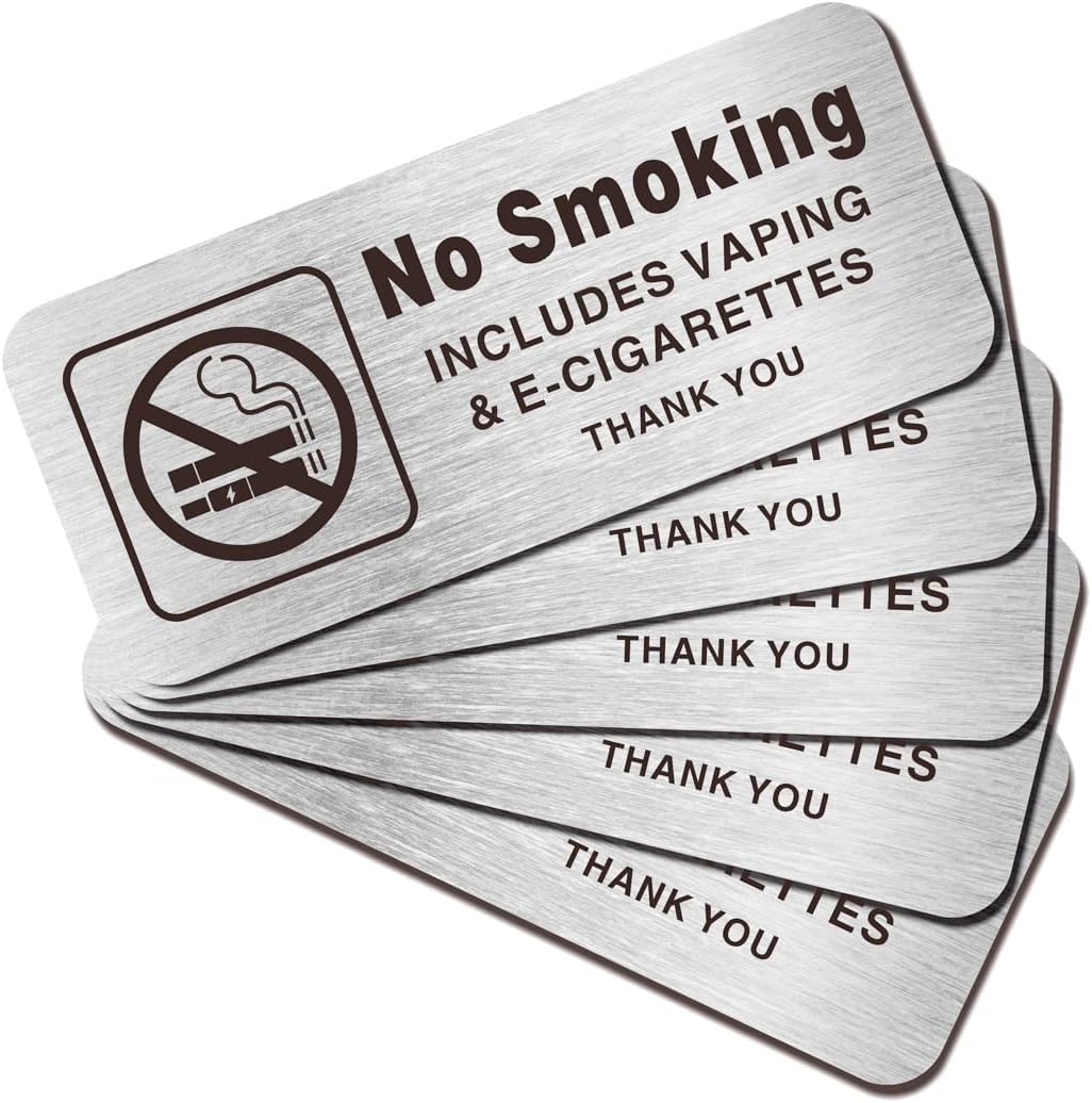 Letrero no fumar plateado 7x3" autoadhesivo set 5