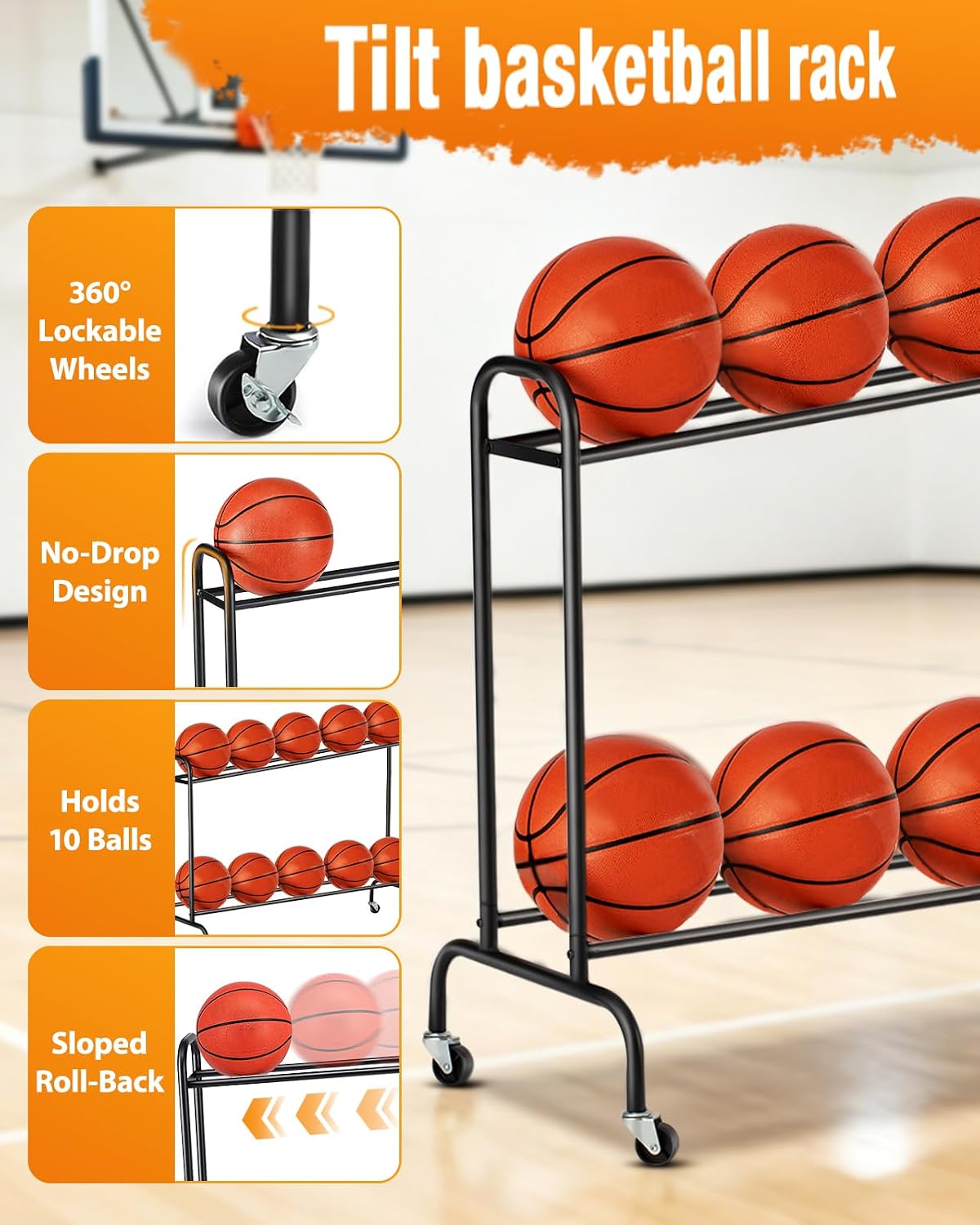 Estante inclinable para pelotas de baloncesto garaje