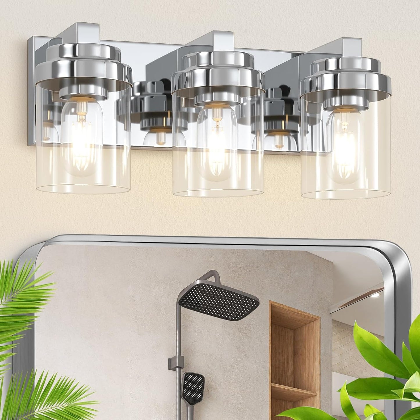 Lámpara tocador baño 3 luces vidrio transparente cromo E26