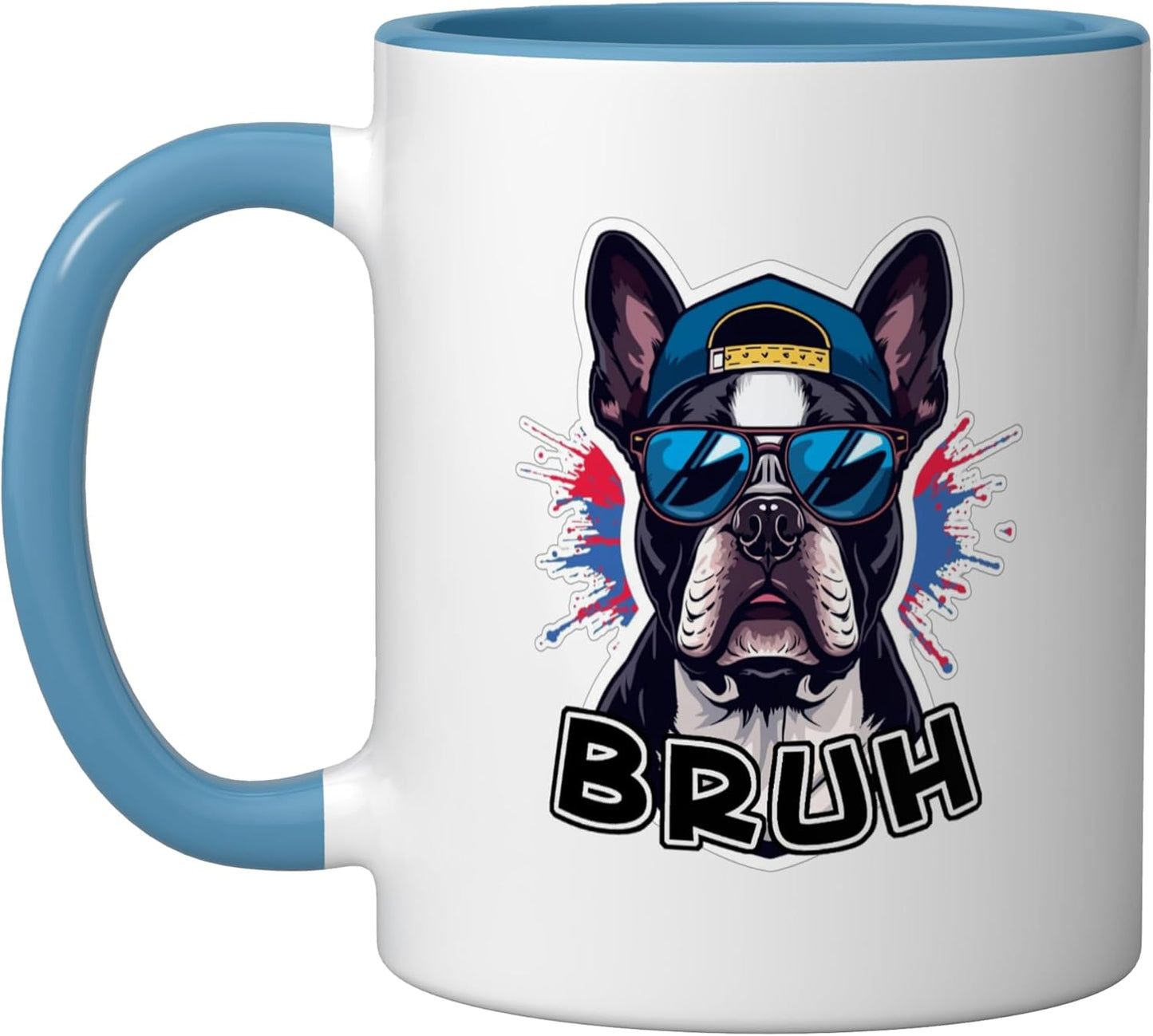 Taza Cerámica Bruh Sarcastica Perros Boston Terrier Azul Blanco