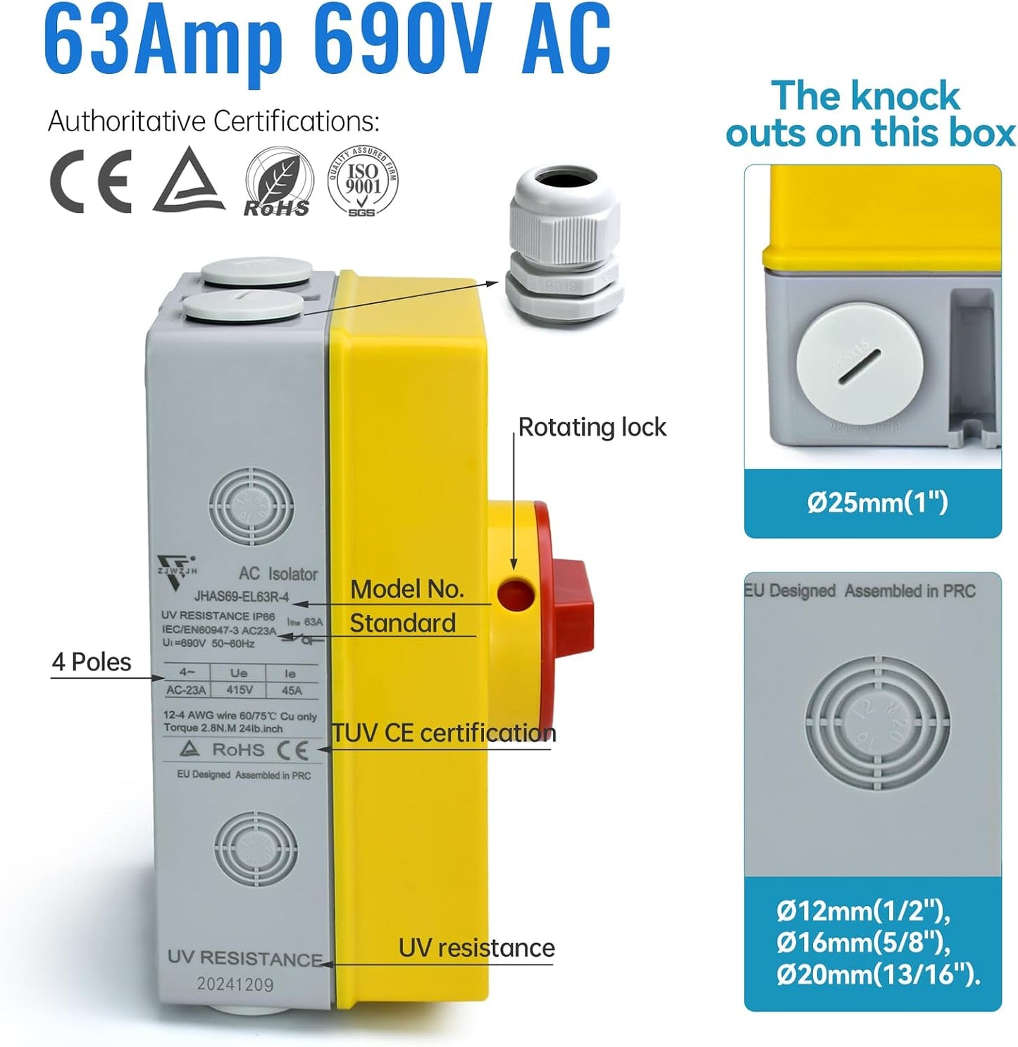 Caja interruptor desconexión 63A 690V 4 polos IP66 3 fase