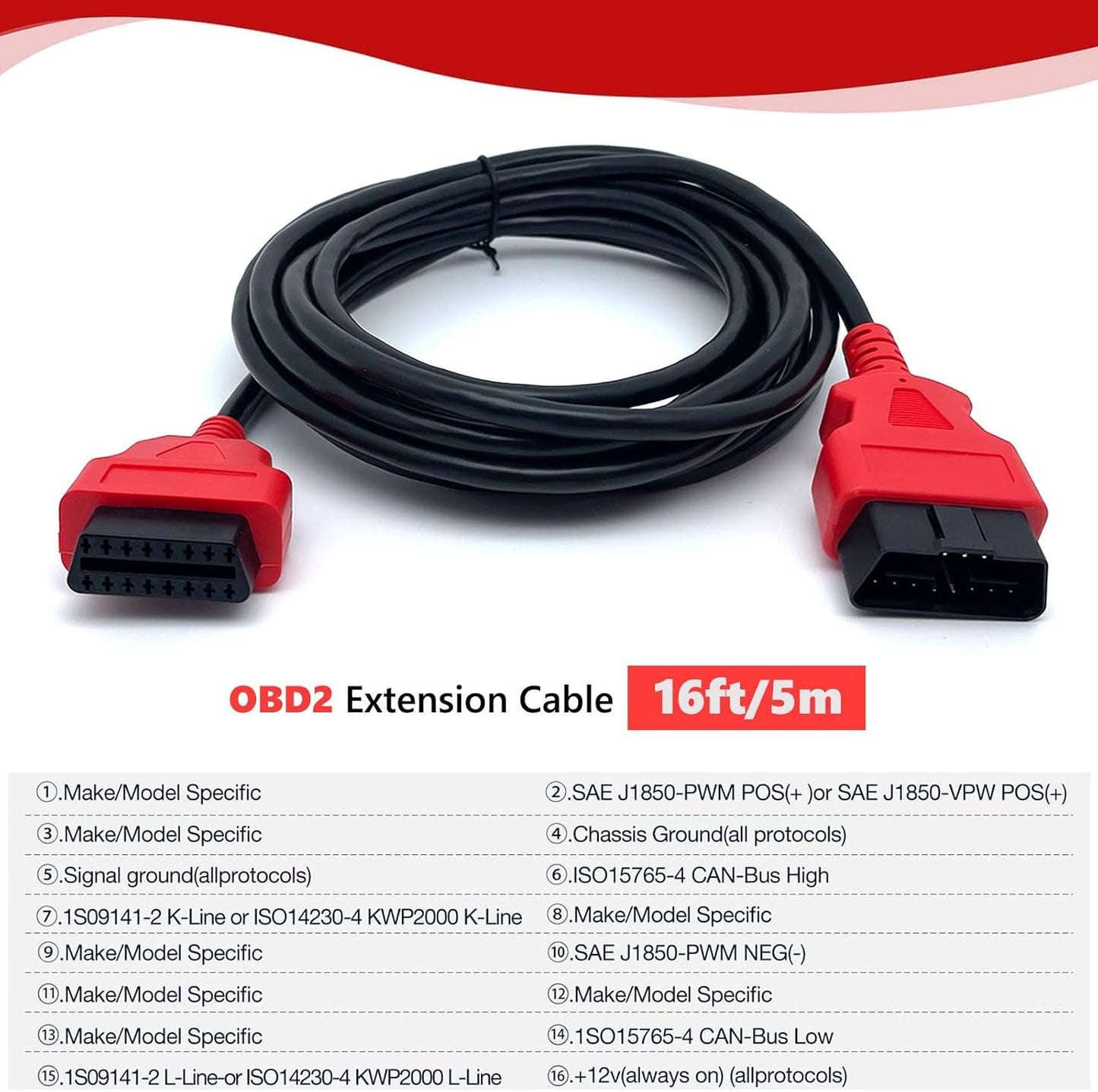 Cable extensión OBD2 16 pies 16 pines macho hembra